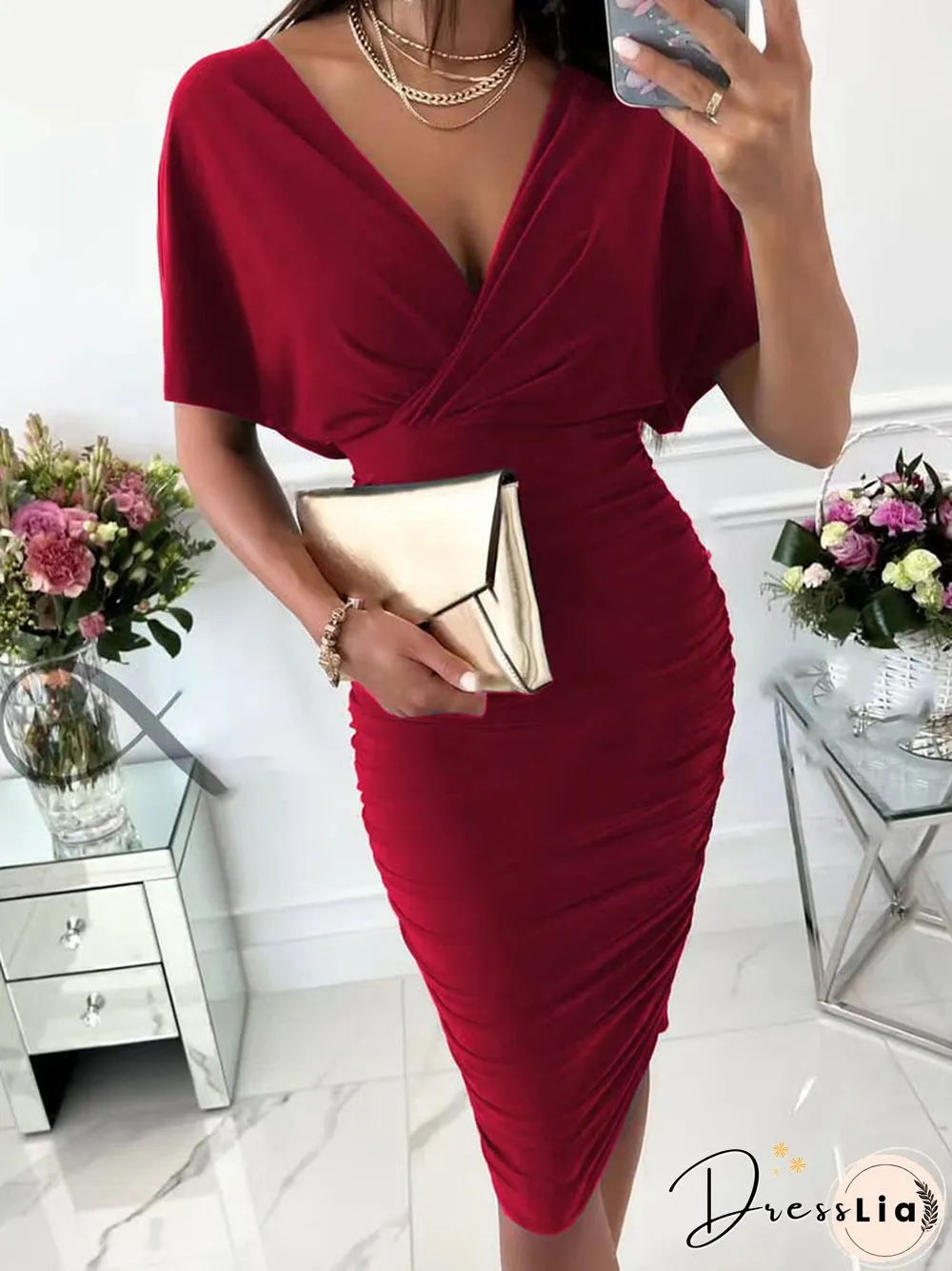 Summer Elegant Short Sleeve Chic V-Neck Mid Length Dress Lady Sexy Solid Tight Party Dress Fashion Temperament Slim Office Dress
