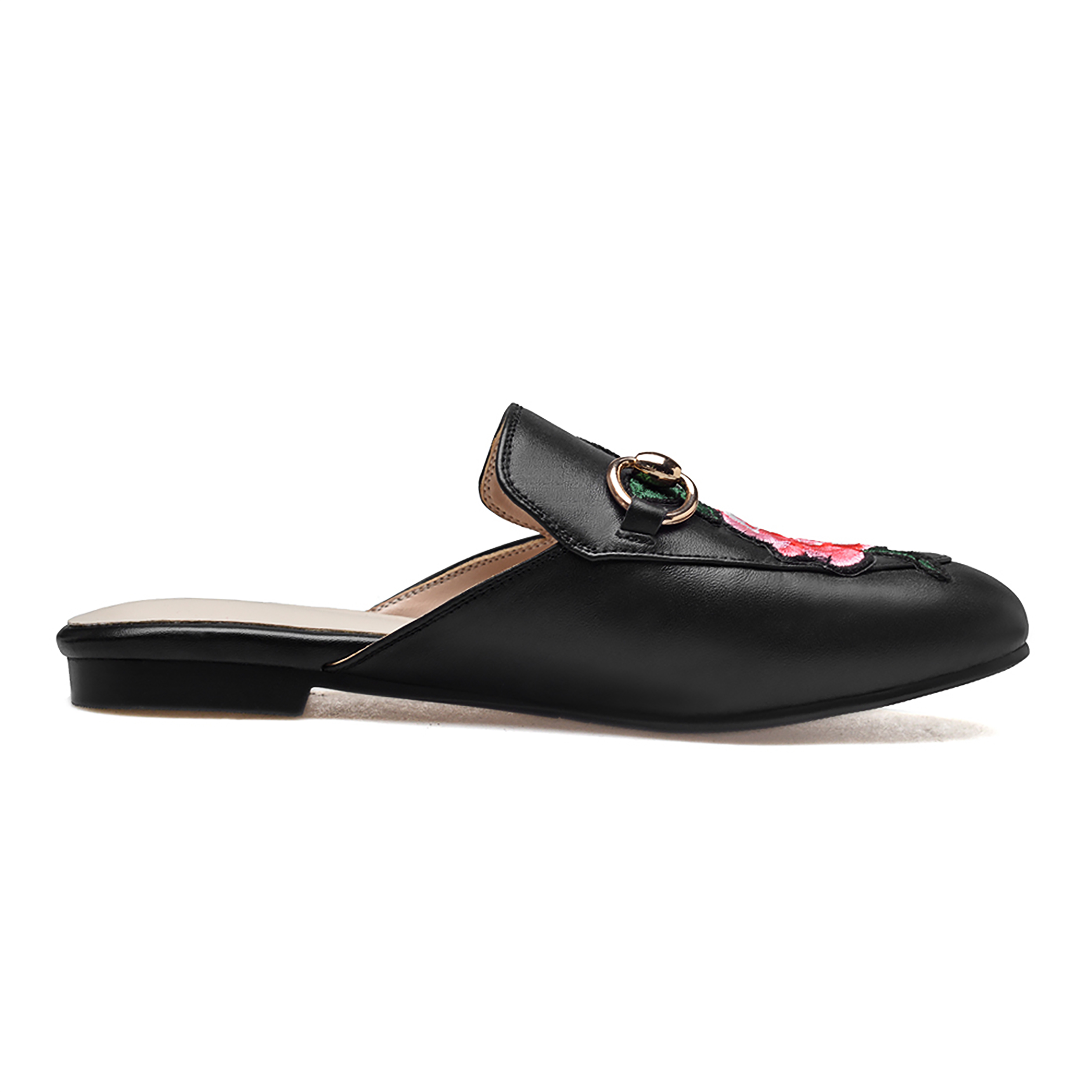Black Rose Toe Flats with Metal Buckle Mules Shoes-vocosishoes