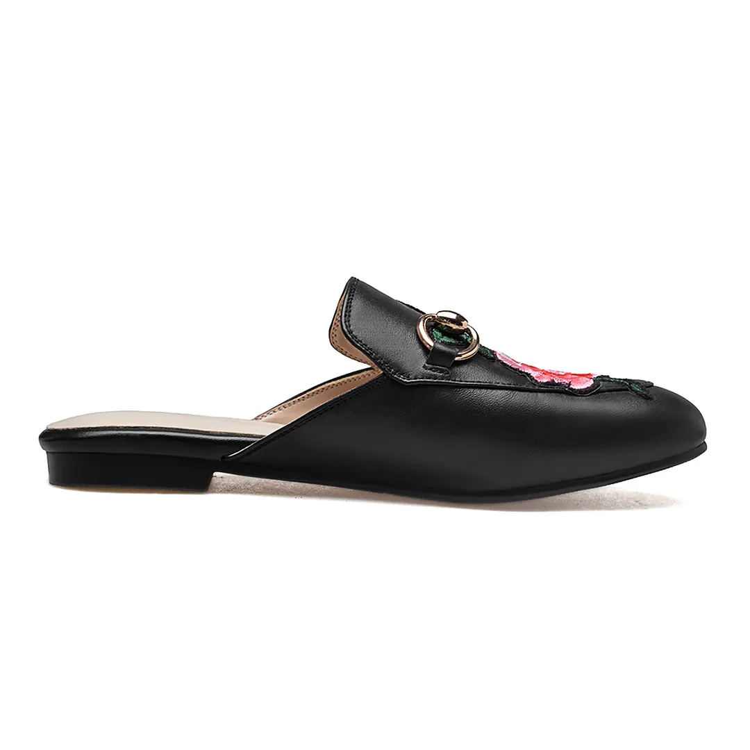 Black Rose Toe Flats with Metal Buckle Mules Shoes-vocosishoes
