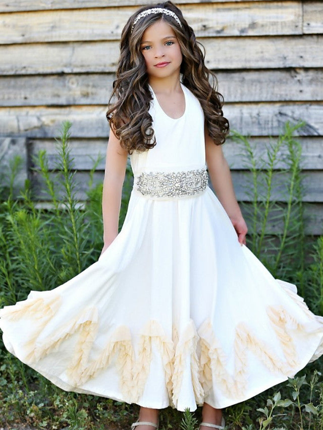 Oknass A-Line Half Sleeve Jewel Neck Flower Girl Dress With Sash Ribbon Appliques