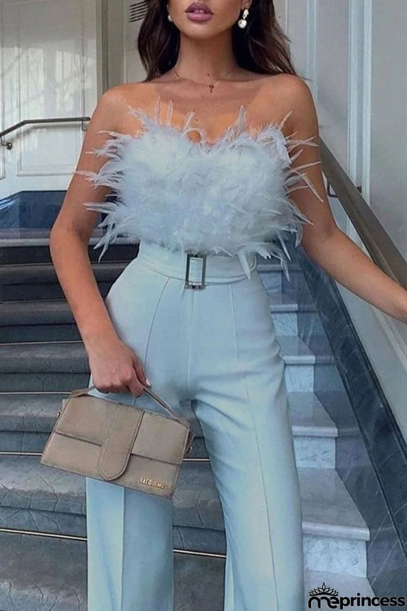 Sexy Solid Patchwork Feathers With Belt Strapless Straight Jumpsuits(Contain The Belt)