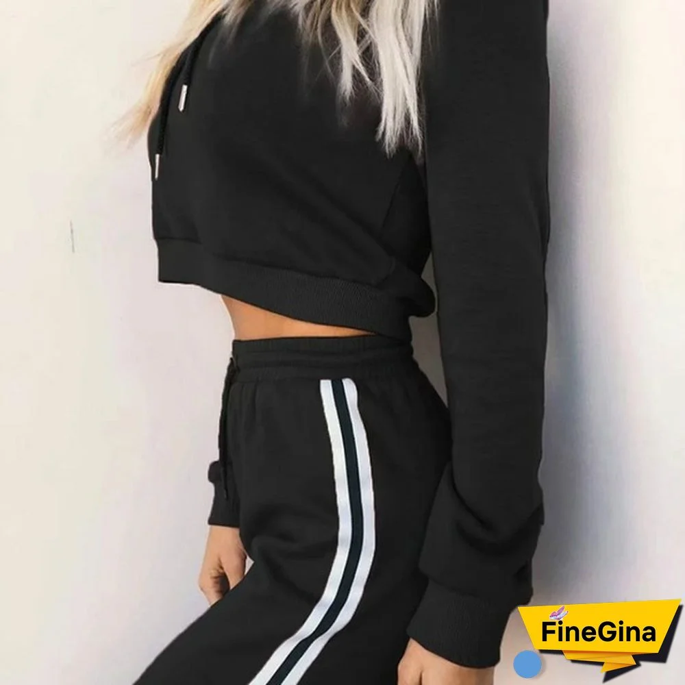 Trending Women's Long Sleeve Casual Suit Lady Fashion Hooded Sweatshirt And Striped Long Pants Two Pieces Outfit For Women