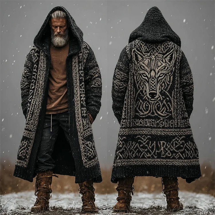 Men's Viking Wolf Fenrir Celtic Cozy Hooded Long Cardigan