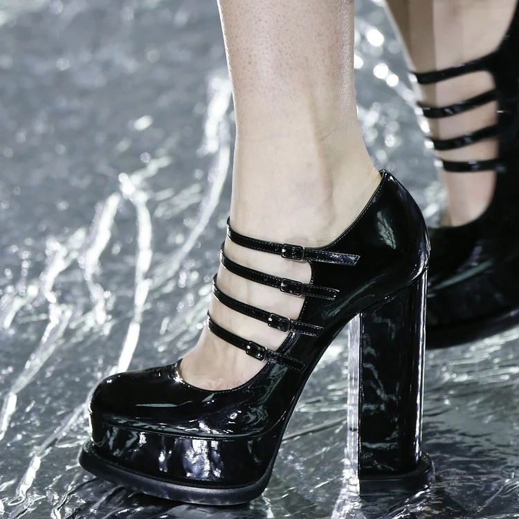 Black Four Strap Buckles Mary Jane Heels Chunky Heel Platform Pumps |FSJ Shoes