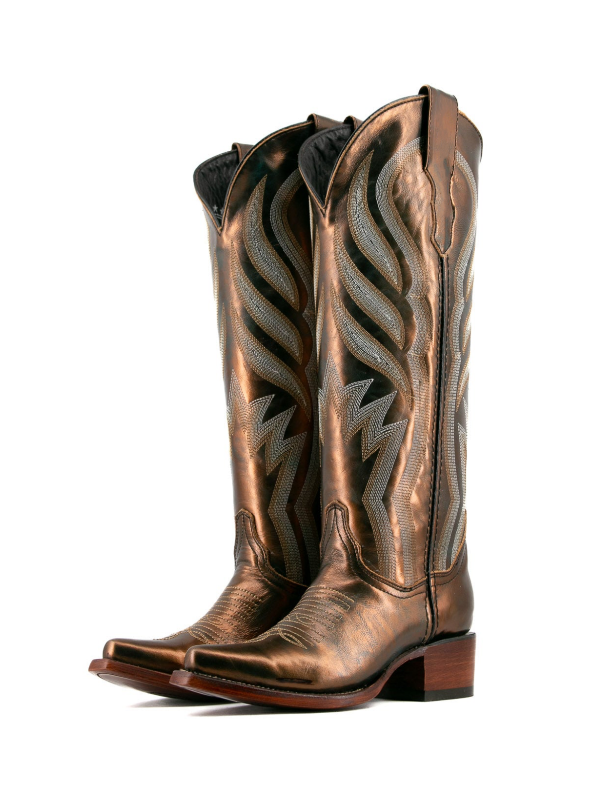 Taafo Metallic Bronze Snip-Toe Embroidery Wide Calf Tall Knee High Cowgirl Boots