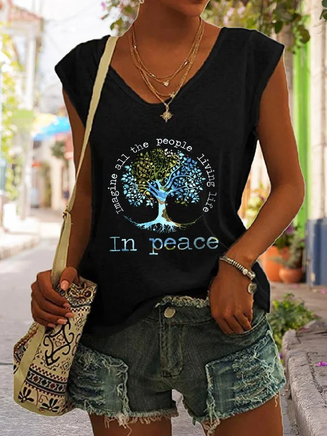 Retro Imagine All The People Living Life In Peace Print T-Shirt socialshop