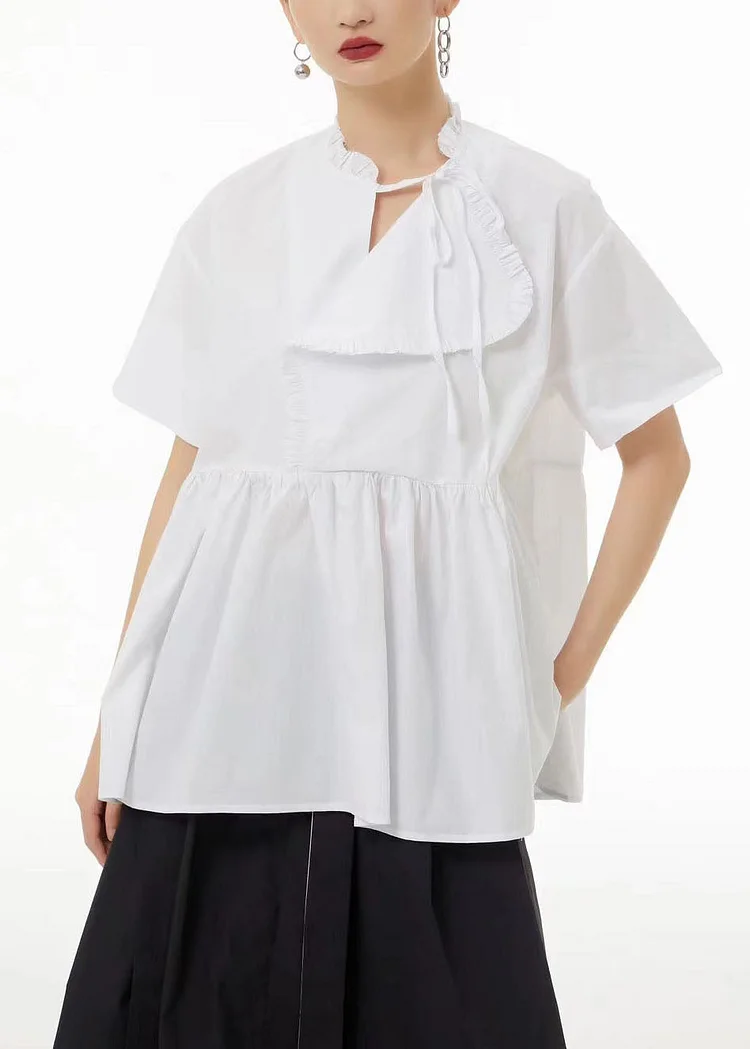 5.1Art White Asymmetrical Patchwork Wrinkled Cotton Shirt Tops Summer