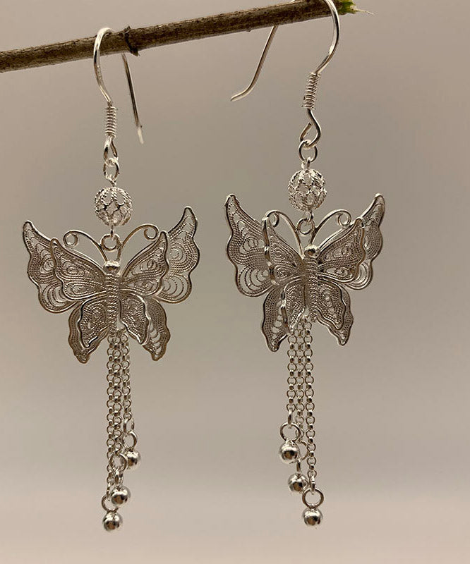 Retro Silk Sterling Silver Butterfly Tassel Drop Earrings Misstip