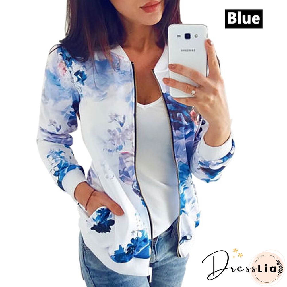 New Spring Aturmn Fashion Womens Retro Floral Zipper Bomber Jacket Baseball Casual Coat Female Tops Plus Size S-5XL