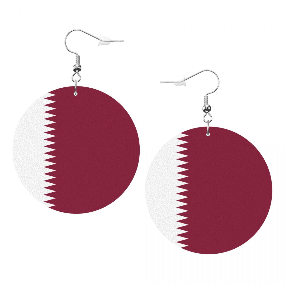 Qatar Flag Round Leather Dangle Earrings for Sport Ball Fans or Players