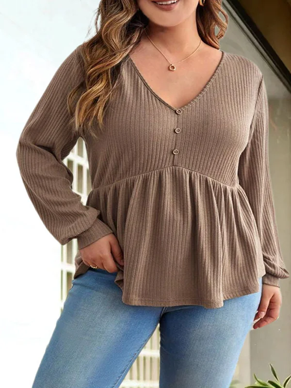 Pleated Solid Color Split-Joint Long Sleeves Loose V-Neck T-Shirts