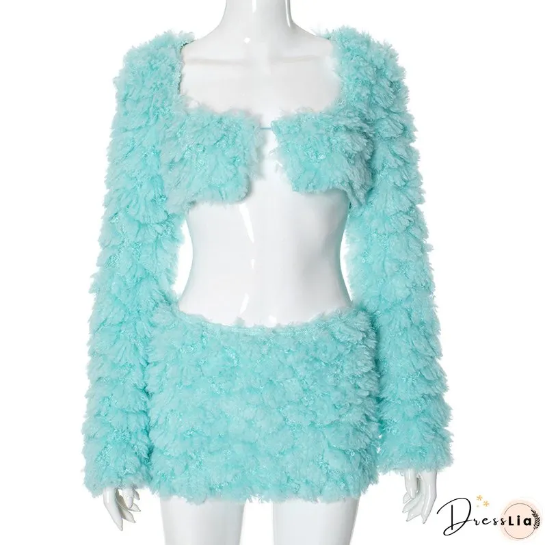 Autumn And Winter Mint Green Long Sleeve Fur Coat Short Skirt Two Piece Set