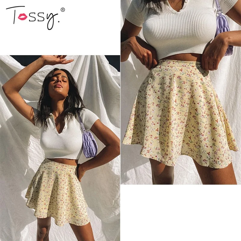 Tossy Boho Floral Print Party Skirt Summer New High Waist Pleated Skirt Short Beach Sexy Frills Mini Skirts For Women 2021