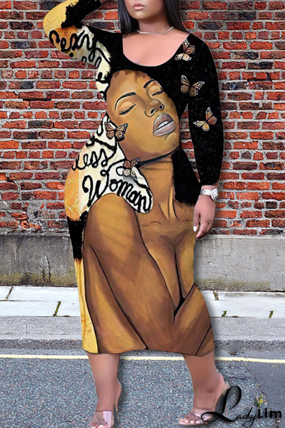 Black Brown Casual Print Patchwork O Neck One Step Skirt Plus Size Dresses