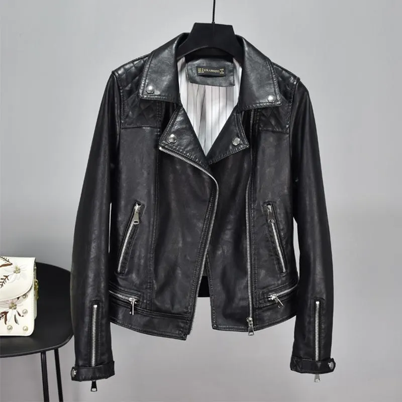 FTLZZ New Autumn Faux Soft Leather Pu Motorcycle Women Rivet Zipper Jacket Coat Female Turndown Collar Slim Biker Outerwear