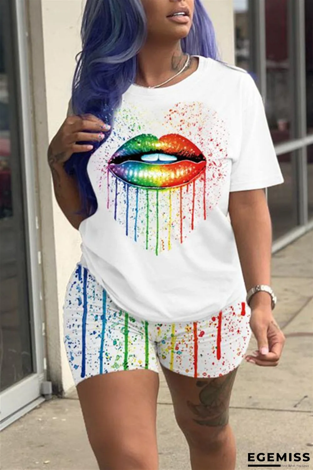 White Fashion Printed T-shirt Shorts Casual Set | EGEMISS