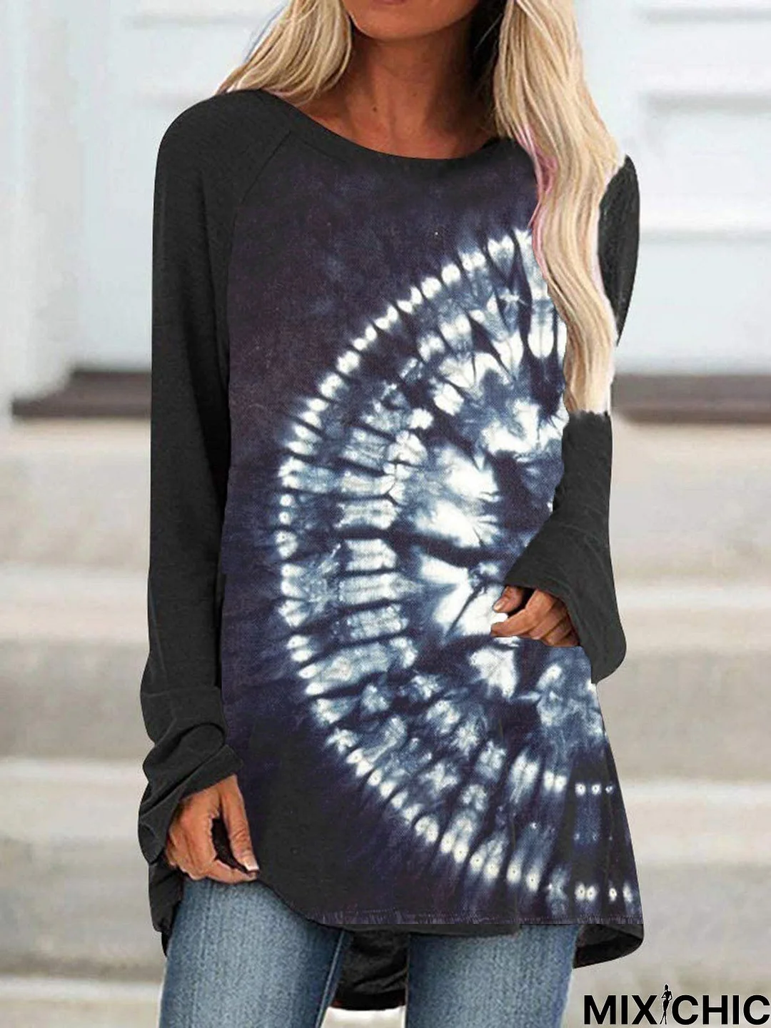 Black Ombre/Tie-Dye Printed Casual Long Sleeve Shift Tunic Top