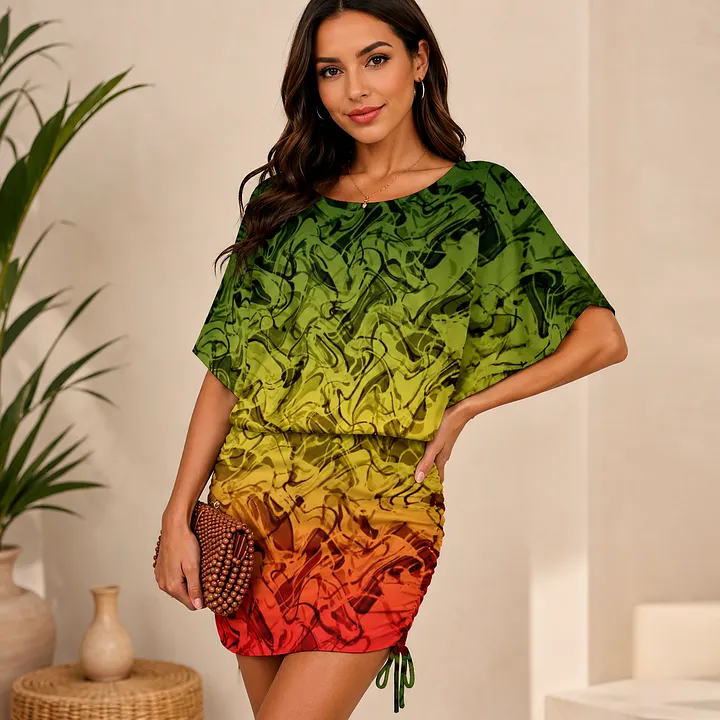 rasta bodycon dress SFneewho® Fire Abstract Smoke Cool Green Yellow Red Swirl Batwing Sleeve Women Side Cinched Mini Dress for Party Royal Blue Cotton Poplin eossnewtosalewk49 6.61 oz/yd² (224 g/m²) Color:Crimson