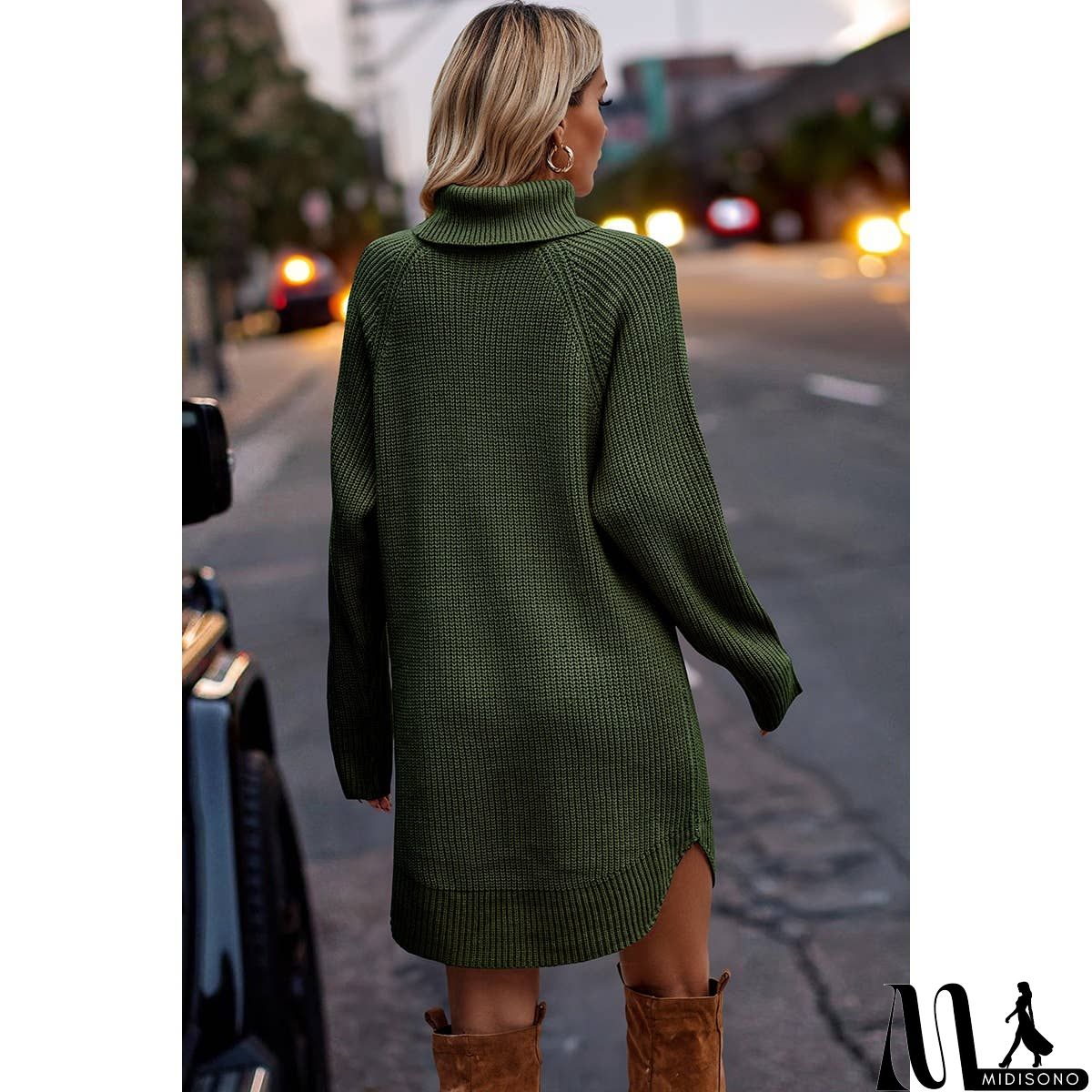 MidiSono - Thick Knit Roll Neck Solid Loose Fit Sweater Dress
