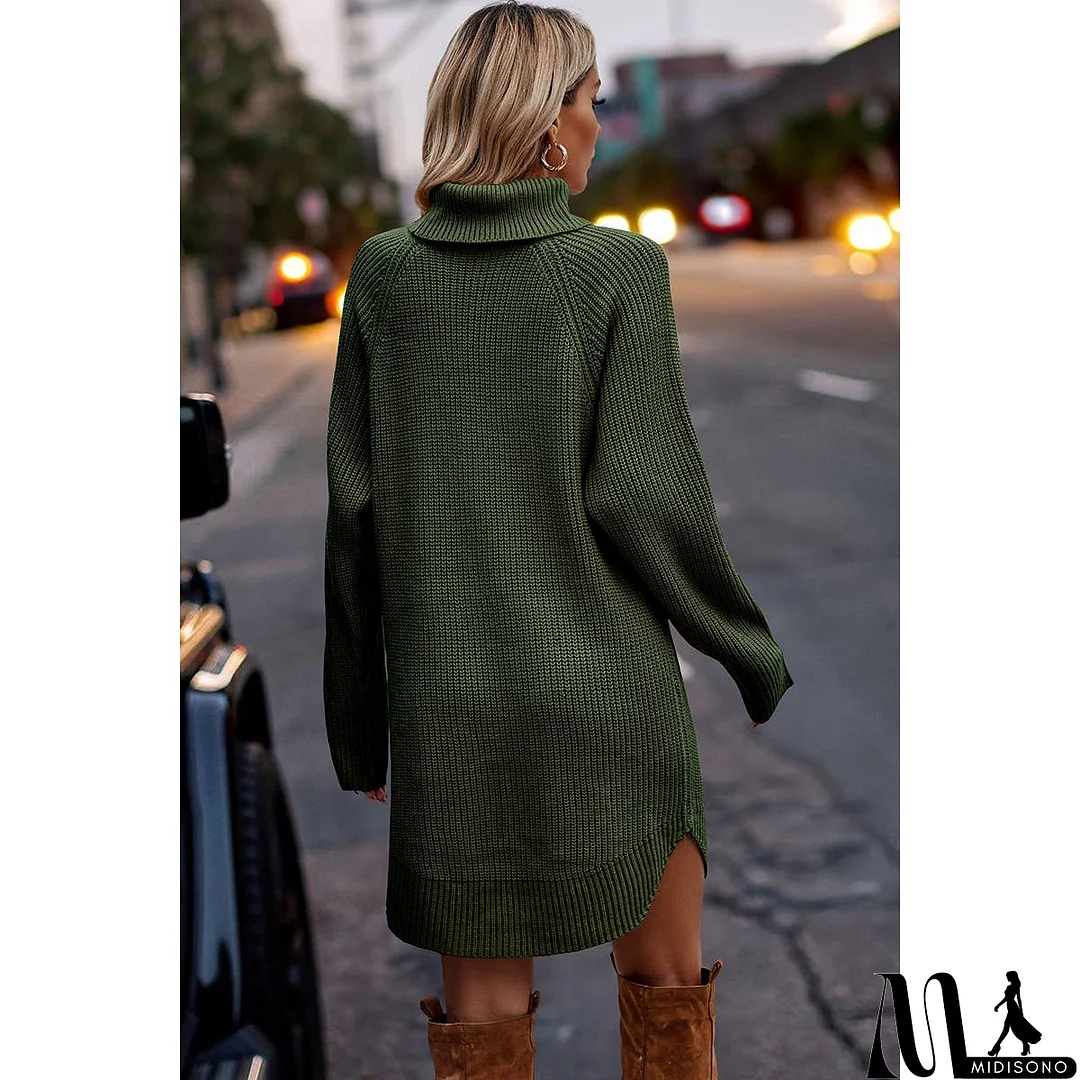 MidiSono - Thick Knit Roll Neck Solid Loose Fit Sweater Dress