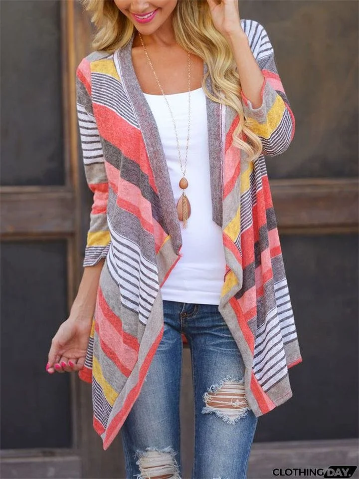 Spring Asymmetric Stripe Contrast Color 3/4 Sleeve Cardigan Women Blouses