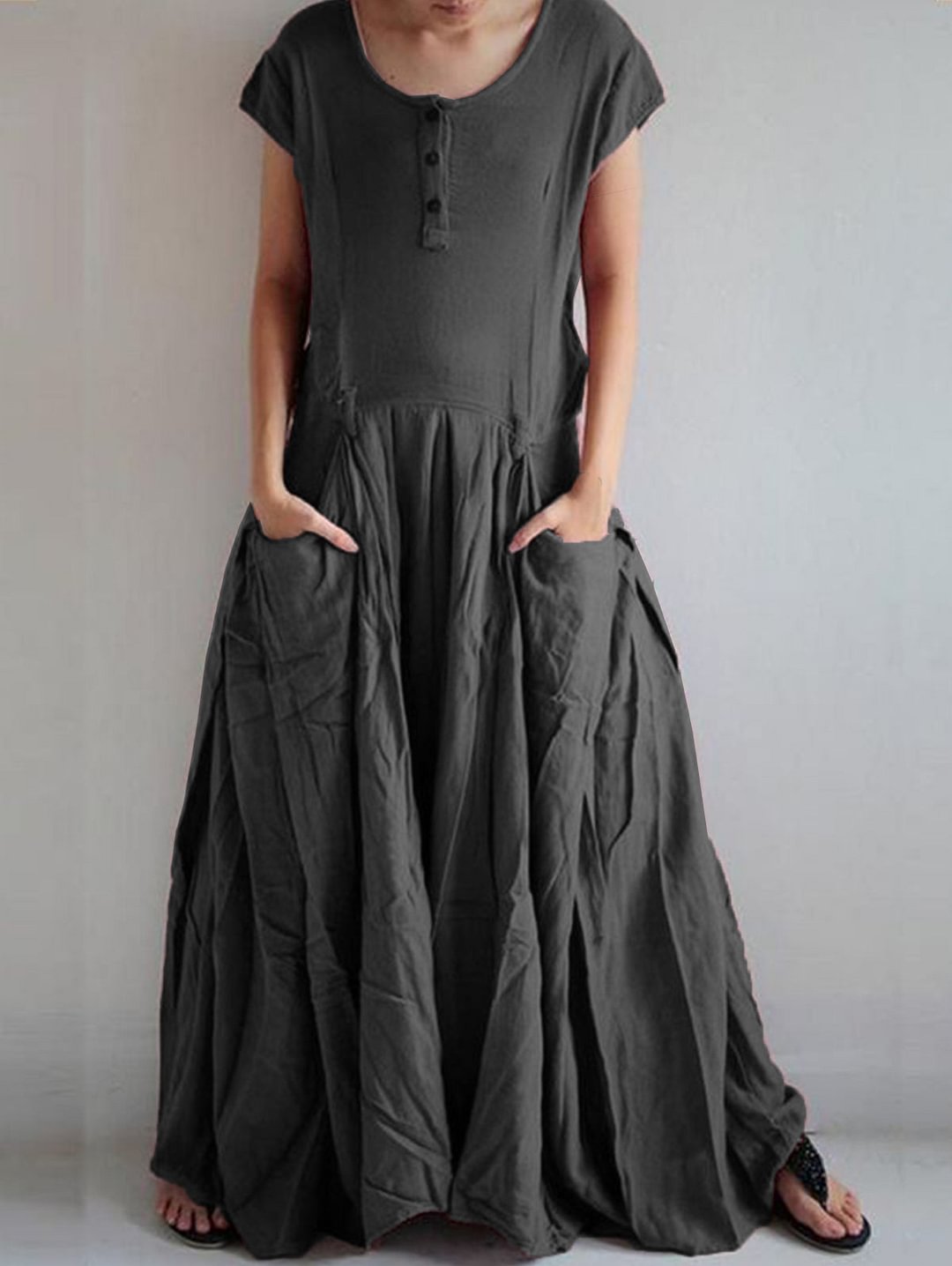 Casual Solid Color Pleated Design Pocket Dress