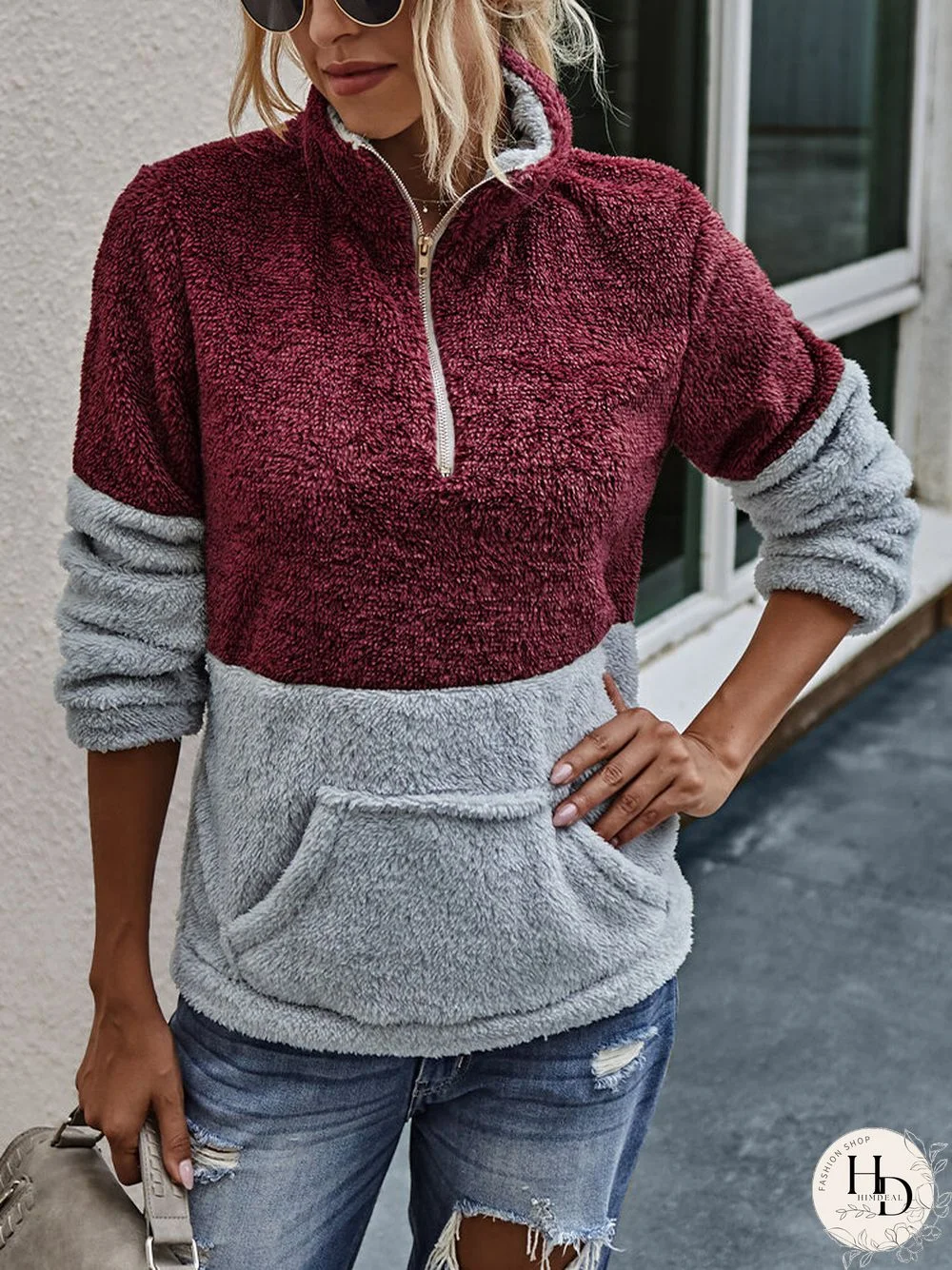 Patchwork Long Sleeve High Neck Zipper Fly Pocket Sweatshirt For Women