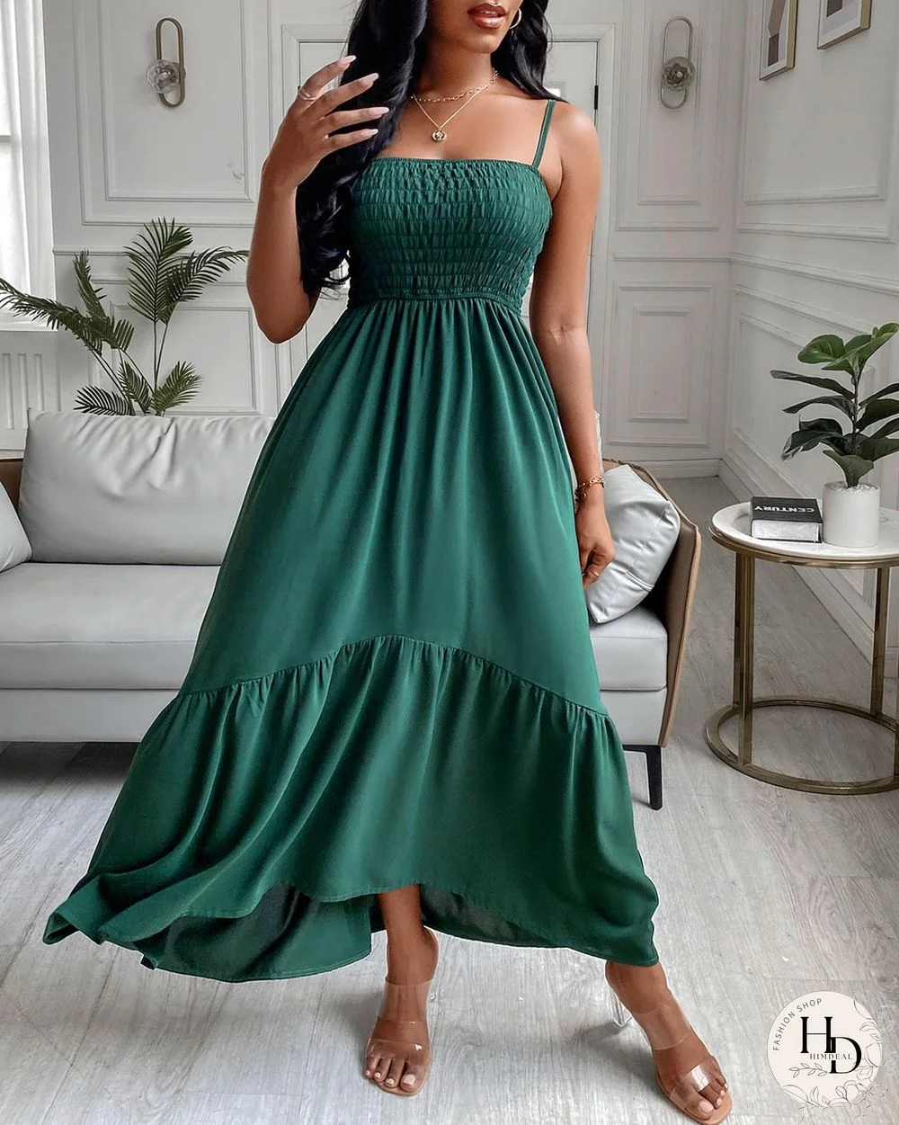 Solid Color Shirred Cami Dress