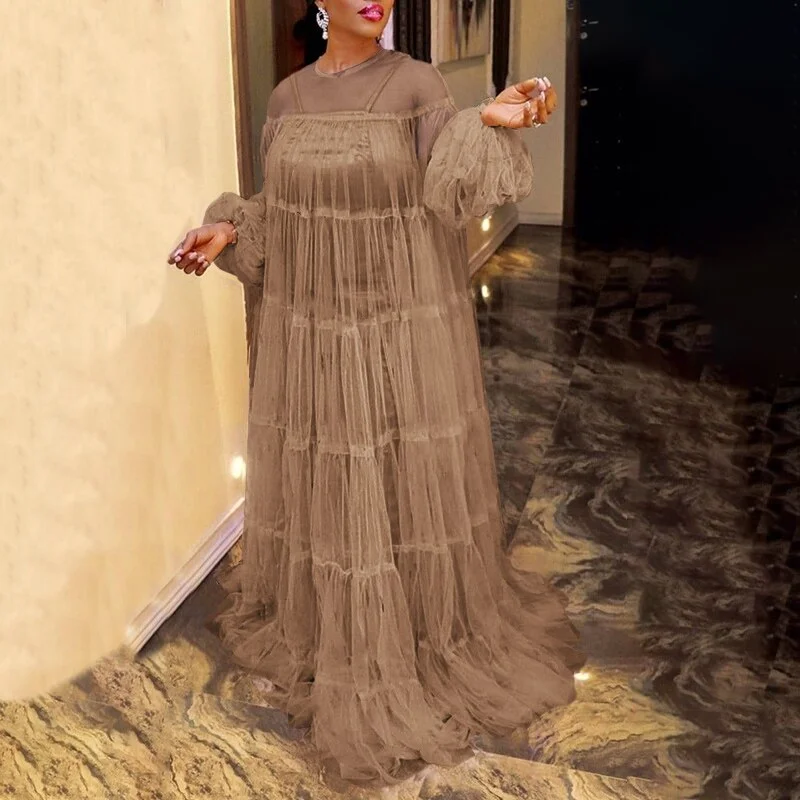 Bohemian Maxi Long Dress Long Robe Sexy Lace Lantern Sleeve Floor-Length Party Dress 2021 VONDA Beach Holiday Vestido