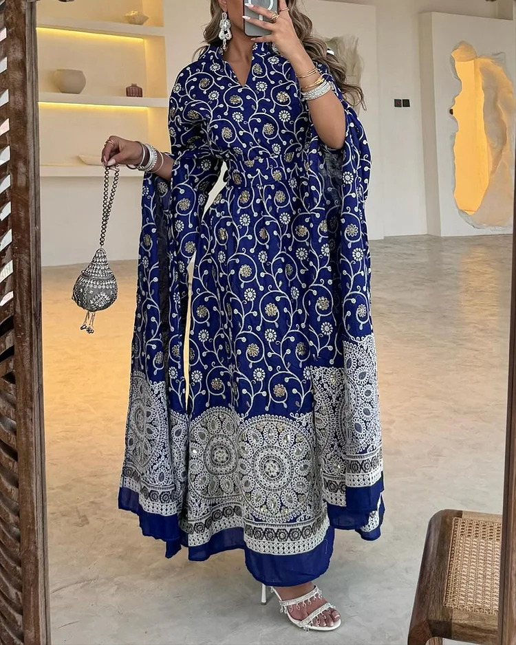 Women's Long Sleeve Slit Print Dress