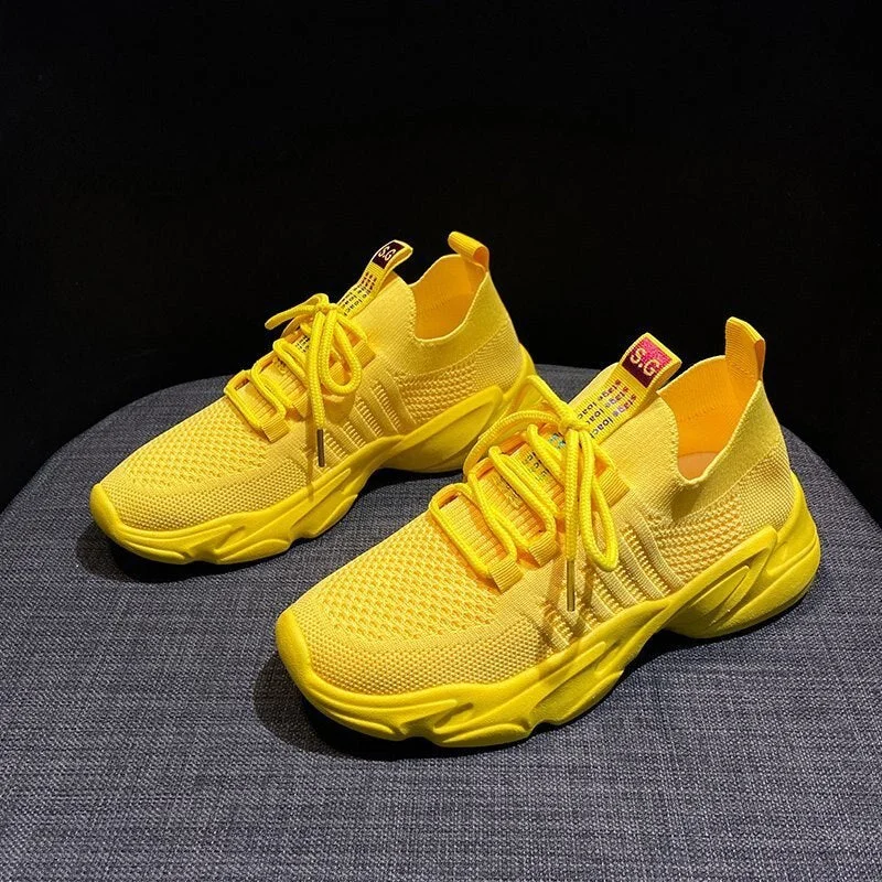 2021 New Fashion Yellow Sneakers Women Shoes Korean Breathable Mesh Platform Casual Shoes White Lace Up Women's Neon Sneakers