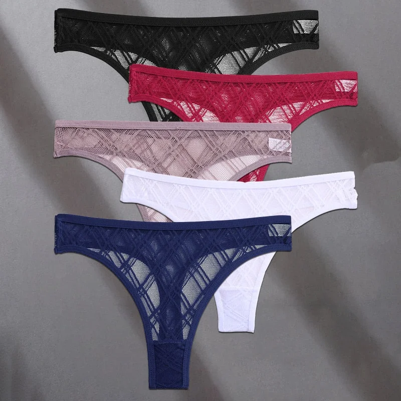FINETOO 5PCS/Set Lace Sexy Women Thongs Floral Perspective G-string Lingerie Panties Low-Waist Femme Girls Underwear Mesh Pantys