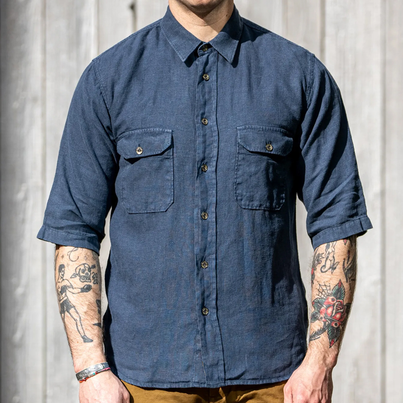 Men's Dark Blue Linen Canvas Short Sleeve Shirt