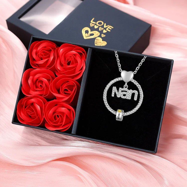 1 Name-Personalized Nan Circle Necklace Set With Rose Flower Gift Box-Custom Woman Necklace With 1 Birthstone Engraved Names Gift For Nan/Nana/Nanny/Granny