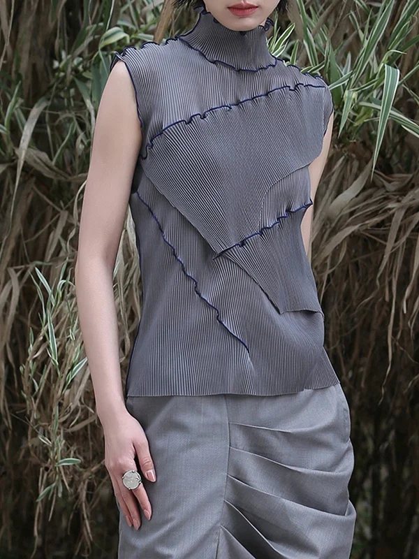 Skinny Sleeveless Asymmetric Color-Block Pleated Split-Joint High-Neck Vest Top