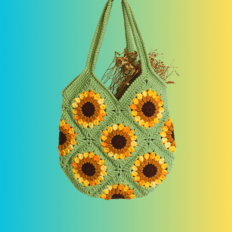 Lulusnow Handmade Green Classic Sunflower Crochet Granny Square Bag