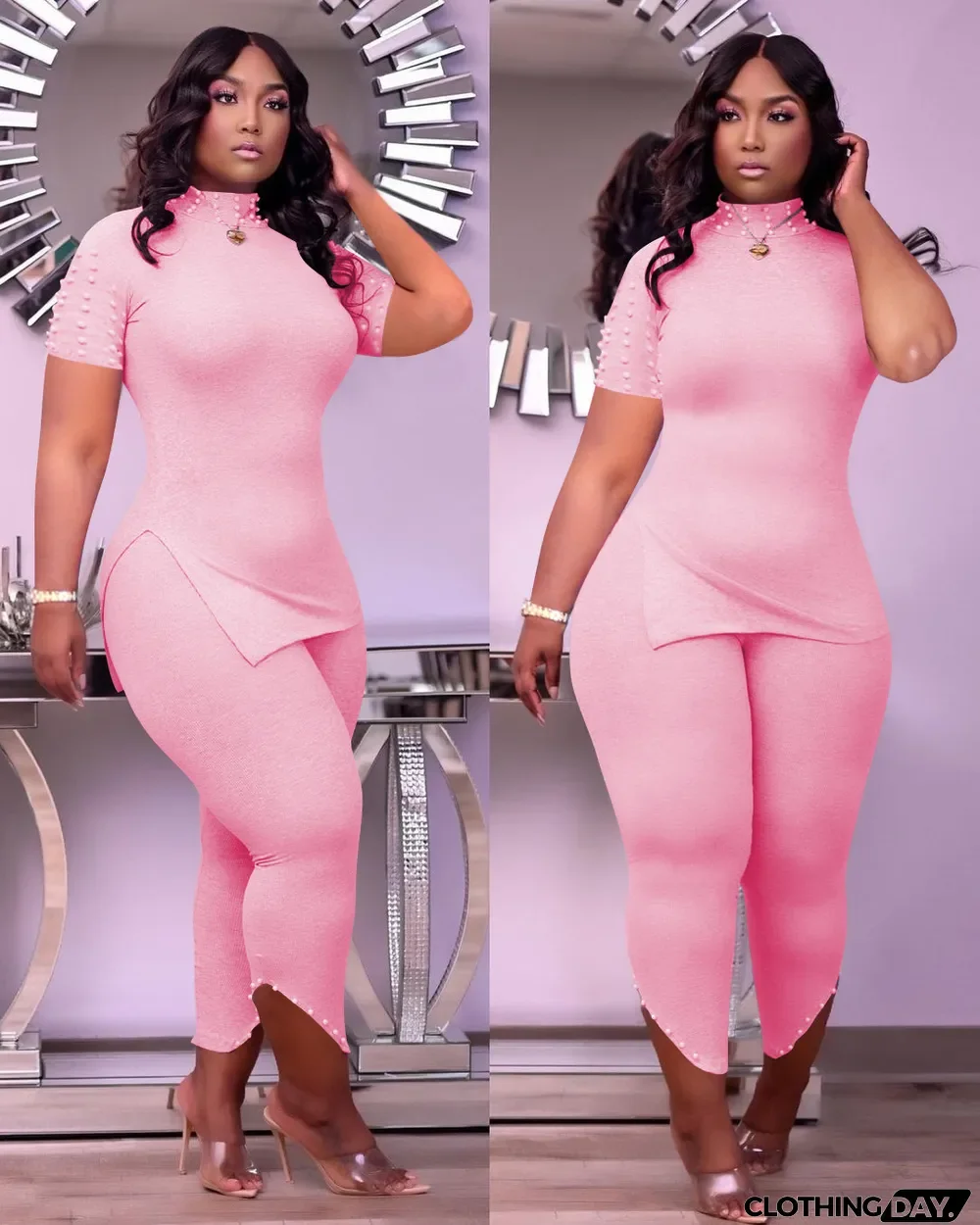 Solid Beading Casual Split Short Sleeve 2 Piece Sets