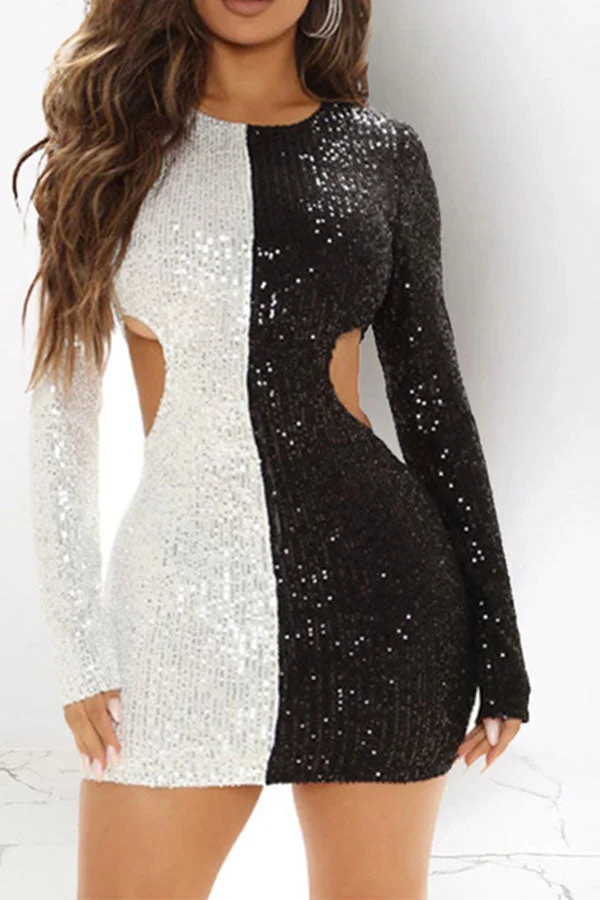 Hit Color Sequined Sparkly Side Cutout Mini Dress