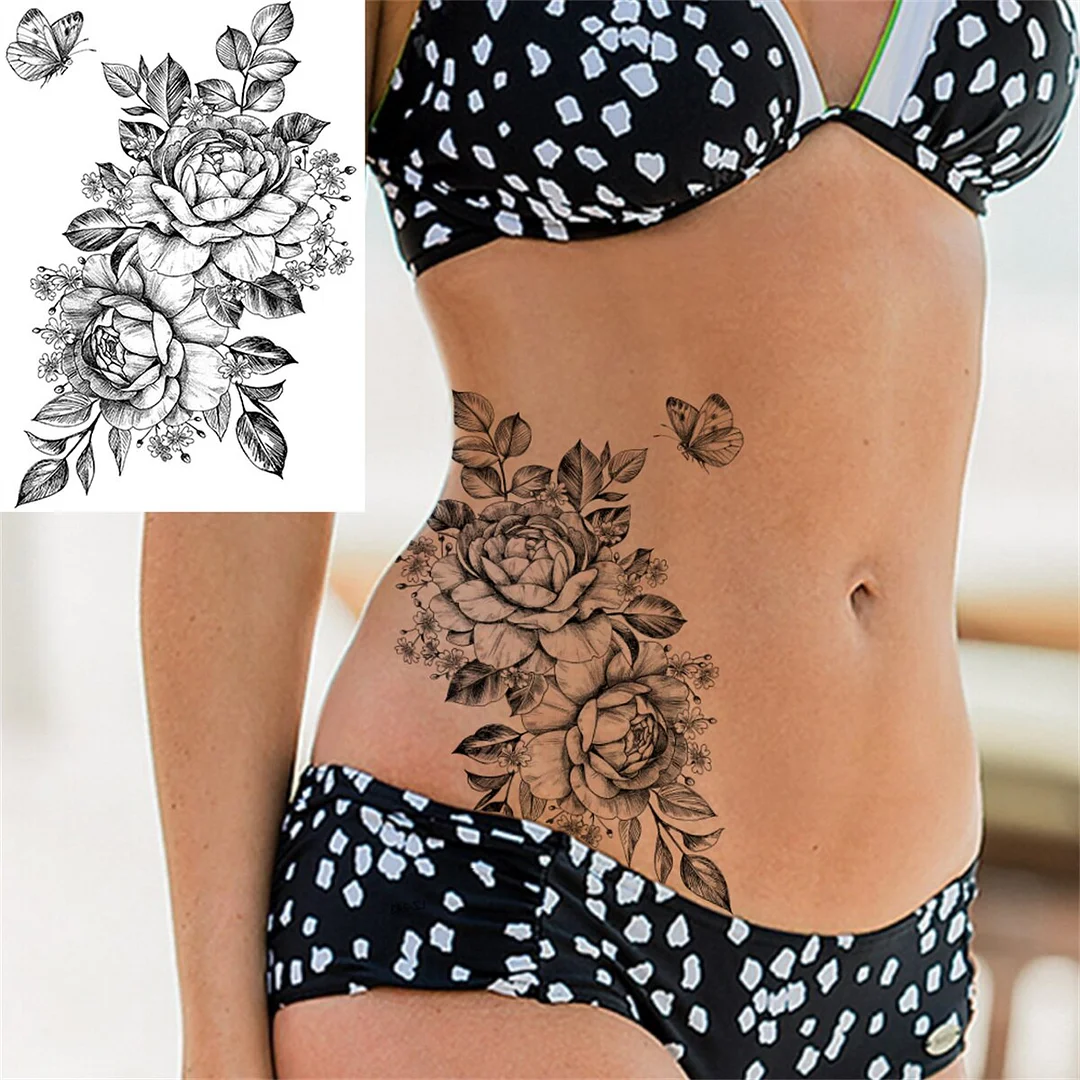 Rose Peony Temporary Tattoos For Women Girls Black Flower Tattoo Sticker Blossom Floral Fake Disposable Beauty Large Tatoo Thigh