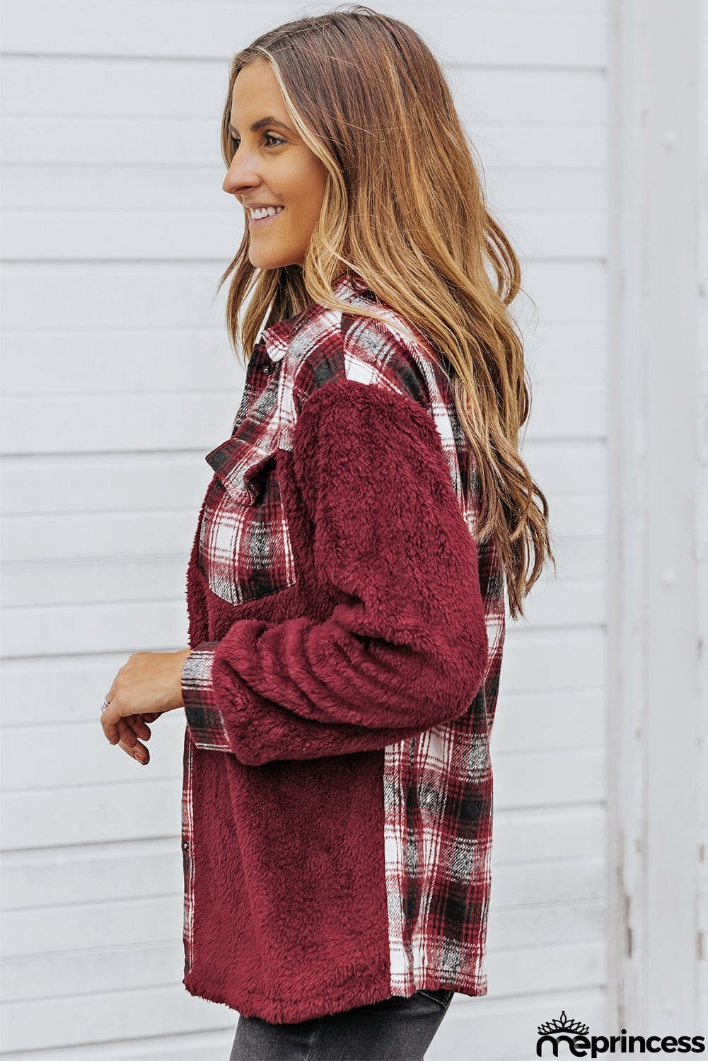 Plaid Patchwork Buttoned Pocket Sherpa Jacket