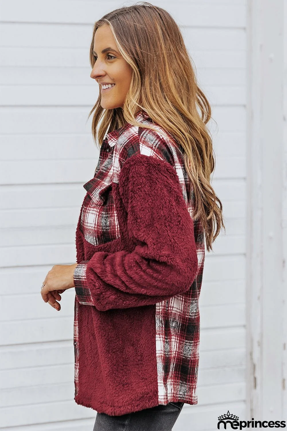 Plaid Patchwork Buttoned Pocket Sherpa Jacket