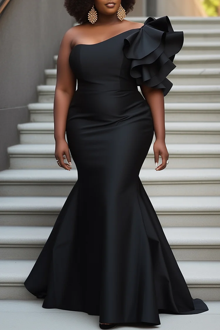 Xpluswear Design Plus Size Formal Black Elegant Oblique Collar 3D Flutter Sleeve Ruffle Bodycon Satin Maxi Dresses [Pre-Order]