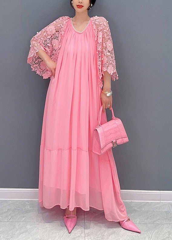 VCSHOES Pink O Neck Nail Bead Lace Patchwork Chiffon Dresses Summer