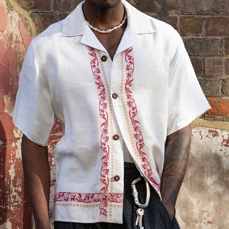 Resort-Style Lapel Button-Down Cotton And Linen Short-Sleeved Shirt