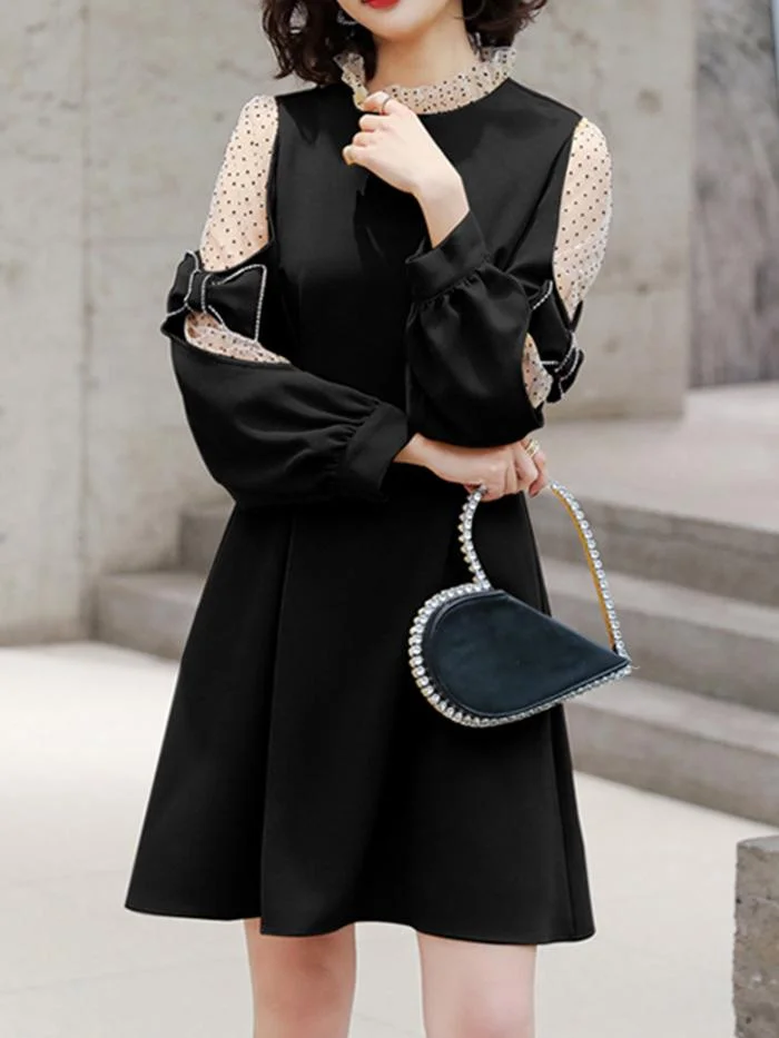 Elegant Net Yarn Flocking Bow Lantern Sleeve Dress