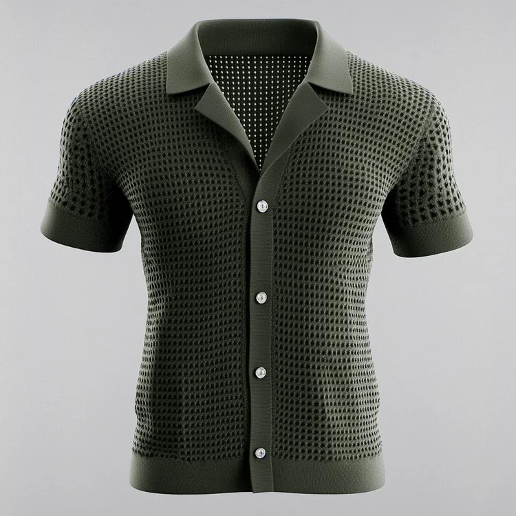Men's Camp Collar Short Sleeve Button Hollow Knitted Shirt