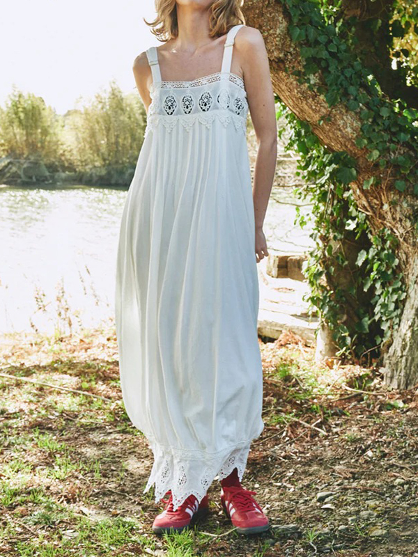 Adjustable Strap Lace Hollow Ruched Hem Midi Dress