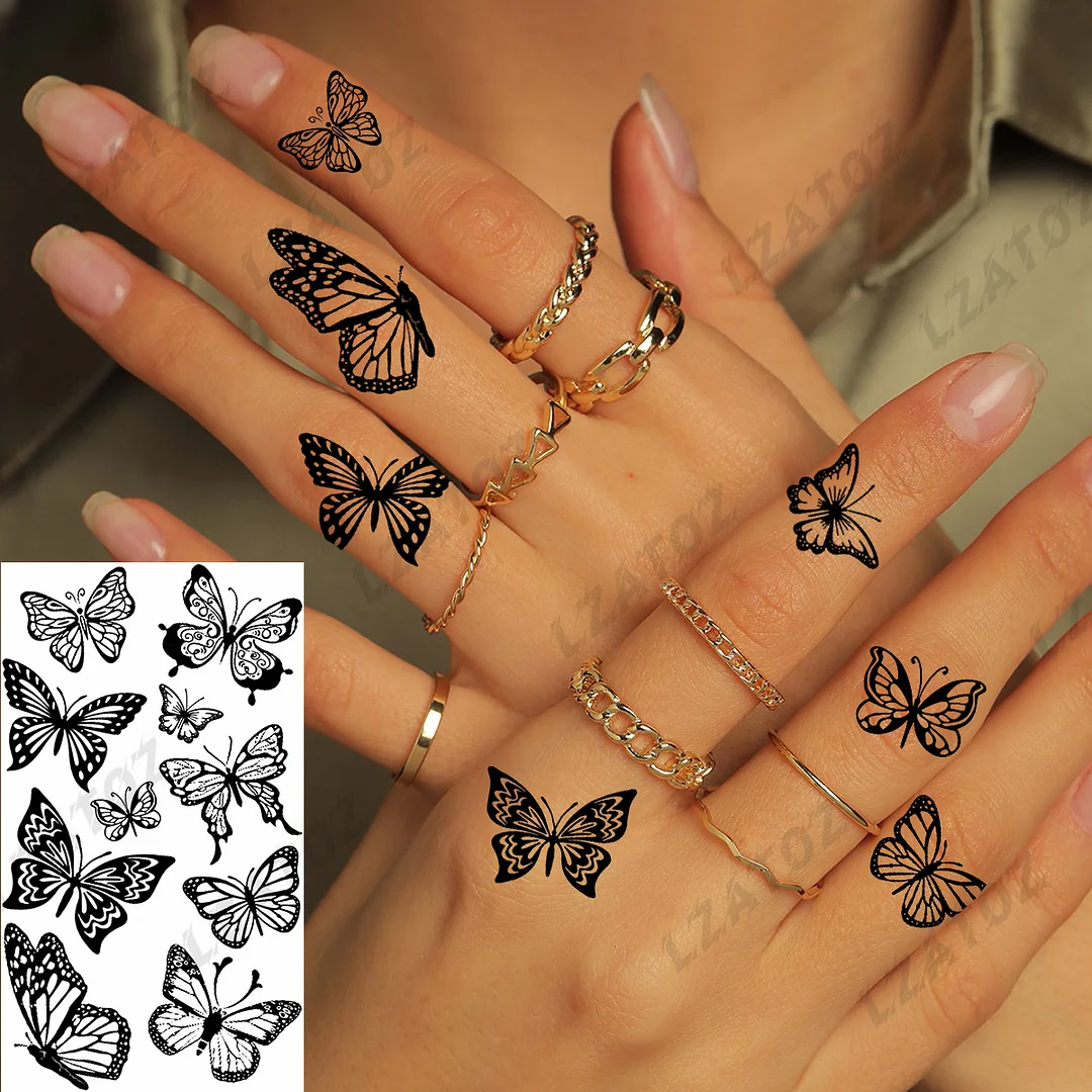 Sdrawing Eye Flower Temporary Tattoos For Woman Adults Rose Butterfly Tiny Fake Tattoo Sticker 3D Finger Waterproof Tatoos
