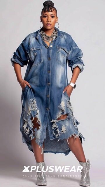 Xpluswear Design Plus Size Daily Blue Shirt Collar Long Sleeve Ripped Pocket Denim Shirt Dresses 2024 - Xpluswear