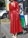 Urban Solid Color Belted Long Sleeves V-Neck Leather Coat